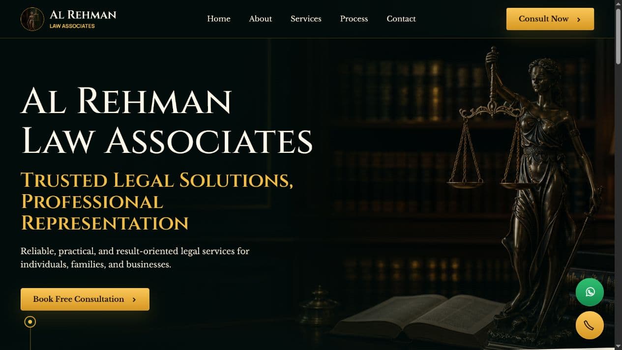 Al Rehman Law Associates website homepage for legal services in Lahore
