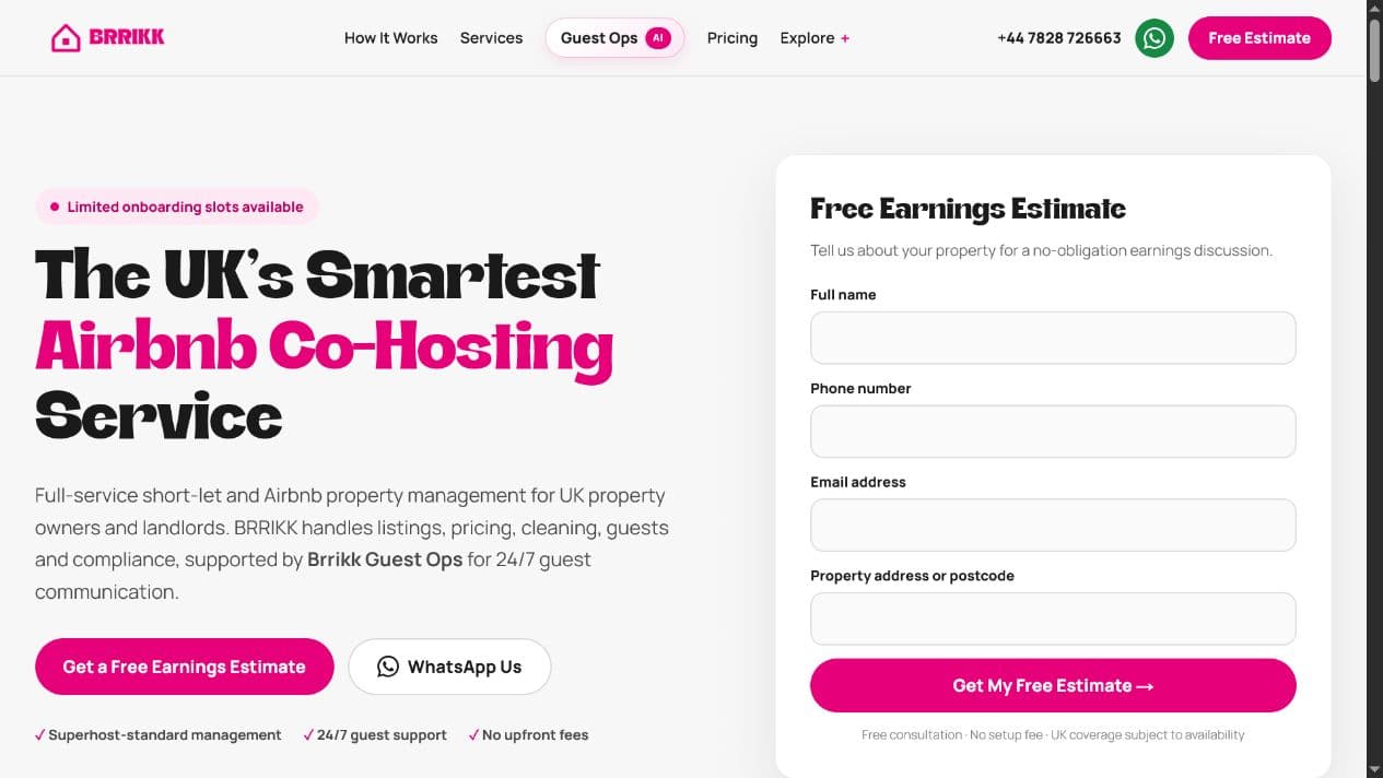 BRRIKK Airbnb co-hosting website homepage and free earnings estimate form